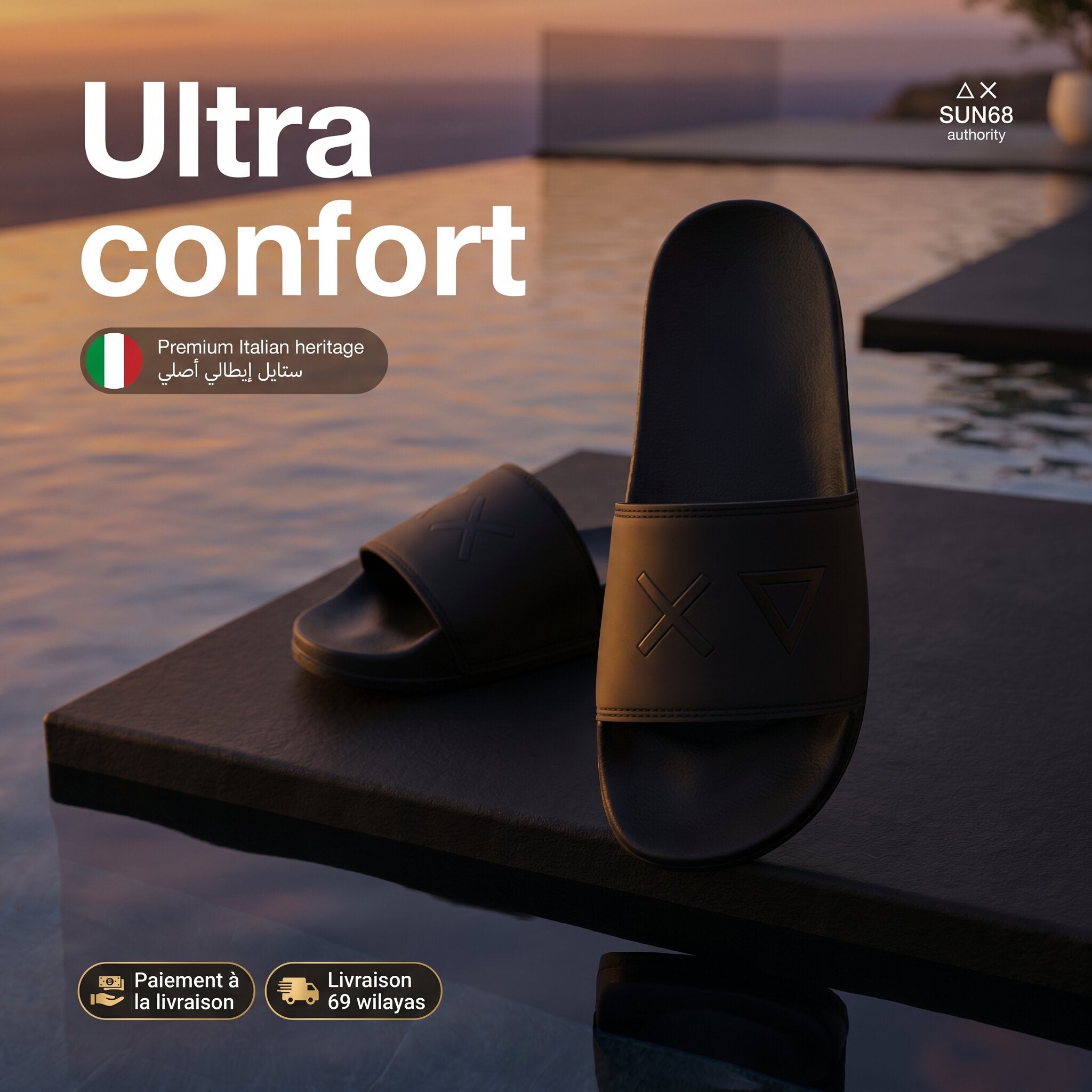 SUN68 Logo Black Slippers